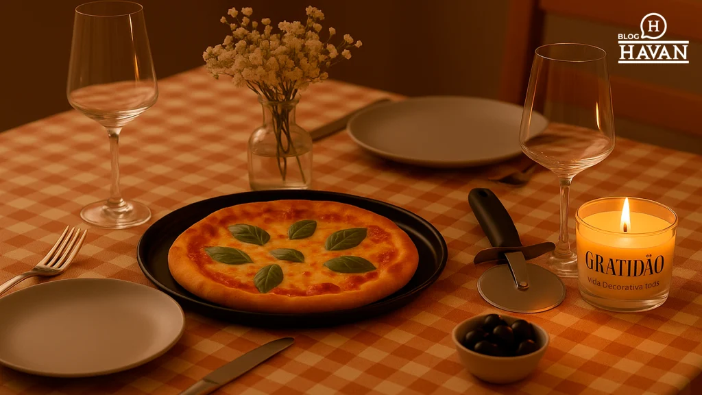 Mesa posta para uma noite da pizza