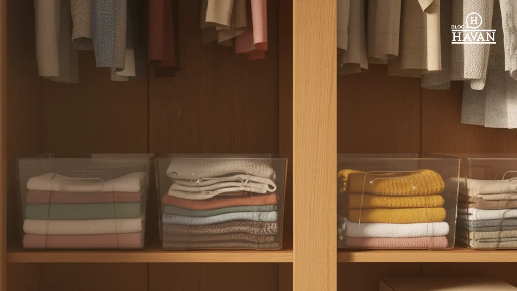 Guarda roupa organizado com caixas. Dentro das caixas tem roupas de inverno.