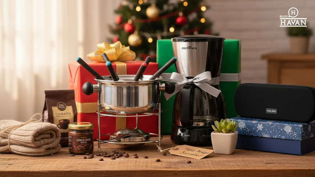 Mesa com presentes sob ele: cafeteira elétrica, foundue e caixa de som