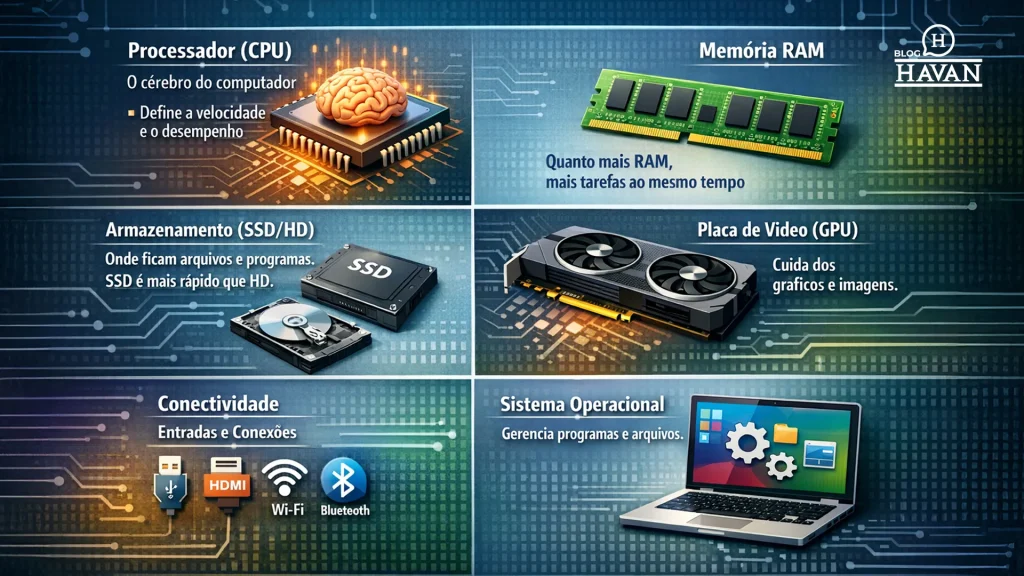 Imagem com informações sobre tudo o que o cliente precisa saber antes de comprar um notebook. Ela explica o que cada componente significa:- Processador (CPU) - o cérebro do computador Define a velocidade e o desempenho - Memória RAM Quanto mais RAM, mais tarefas ao mesmo tempo - Armazenamento (SSD/HD) Onde ficam arquivos e programas. SSD é mais rápido que HD. - Placa de Vídeo (GPU) Cuida dos gráficos e imagens. - Conectividade - entradas e conexões. USB, HDMI, Wi-Fi e Bluetooth. - Sistema Operacional Gerencia programas e arquivos. 