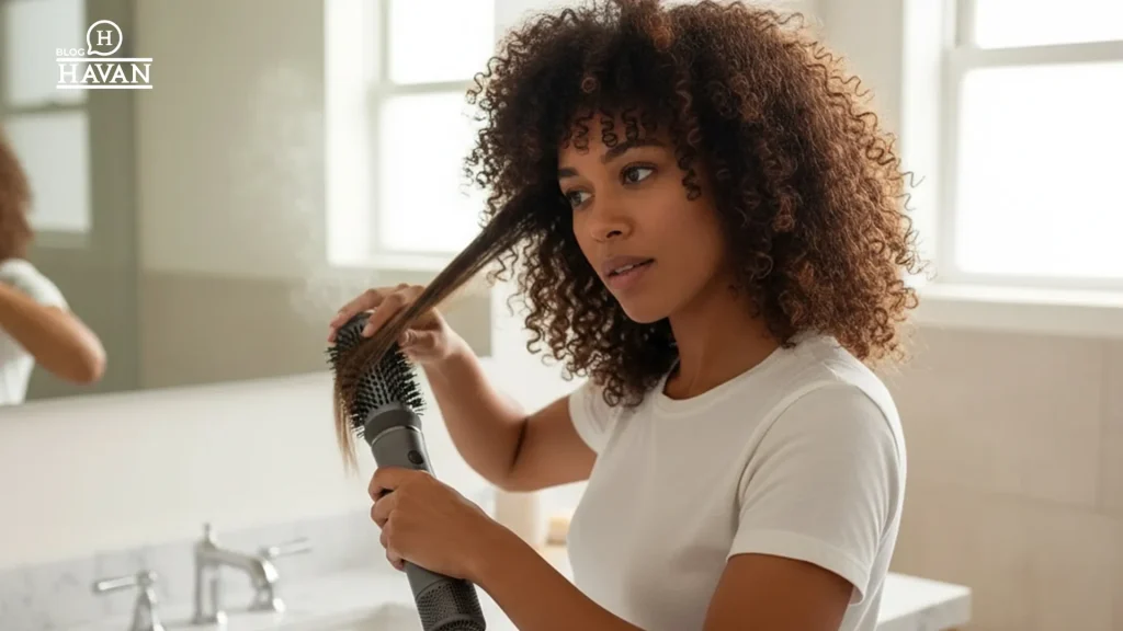 Mulher com cabelo cacheado alisando o cabelo com escova modeladora