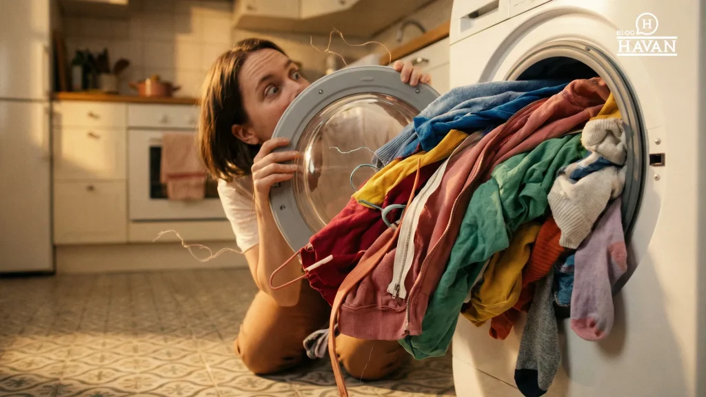 Muher assustada com a quantidade de roupas que sai da lava e seca