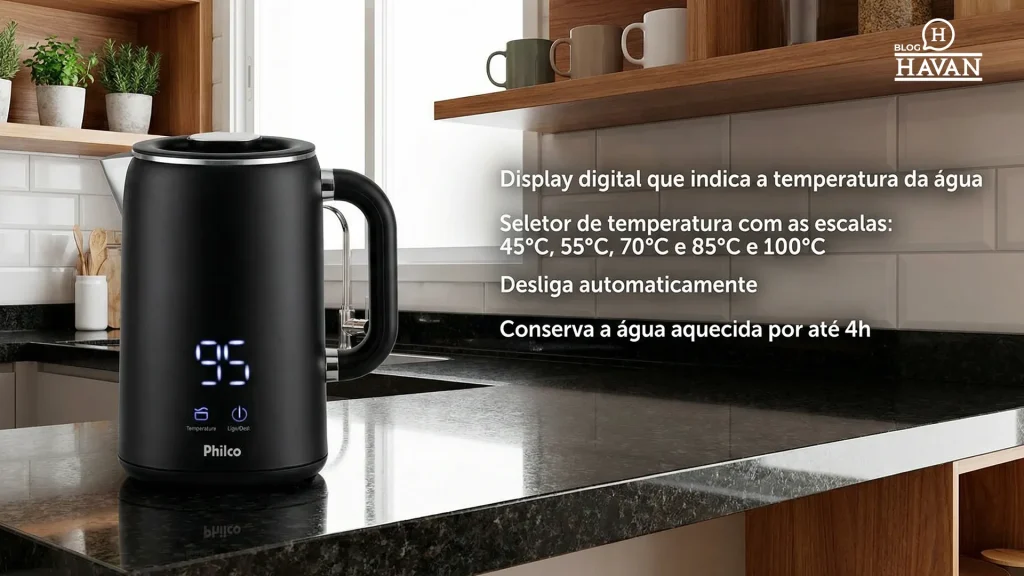 Chaleira Philco Display digital que indica a temperatura da água Seletor de temperatura com as escalas: 45°C, 55°C, 70°C e 85°C e 100°C Desliga automaticamente Conserva a água aquecida por até 4h 